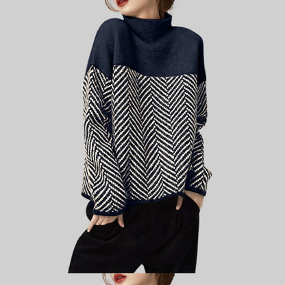 Damen Grobstrickpullover Hochgeschlossener Kragen Chevron-Muster