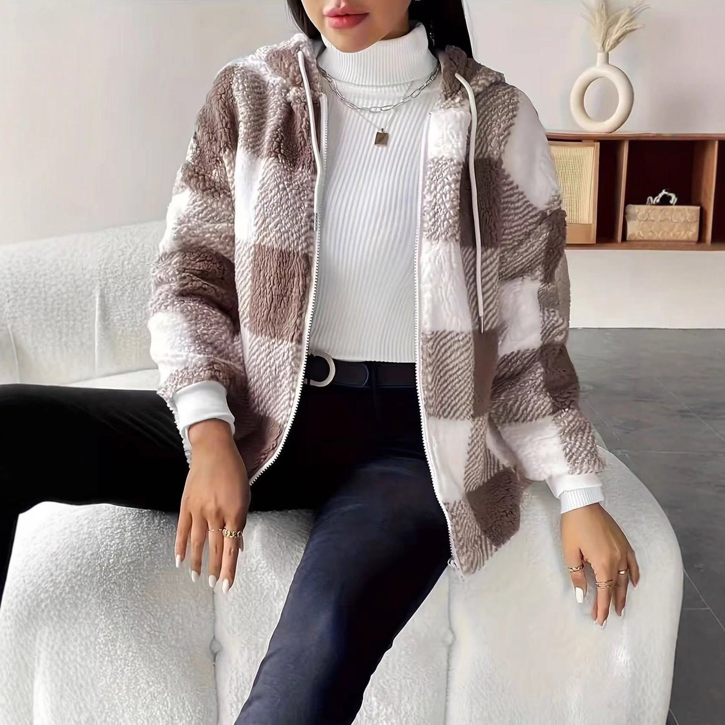 Damen Übergangsjacke Teddy-Material Karo