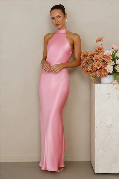 Damen Satin Maxikleid Hochkragen Körpernah Norvielle