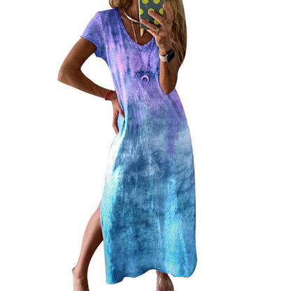 Damen Maxikleid Langarm V-Ausschnitt Tie-Dye Muster
