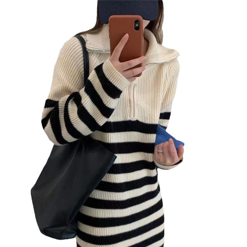 Damen Strickkleid Stehkragen Halb-Reißverschluss Norvielle