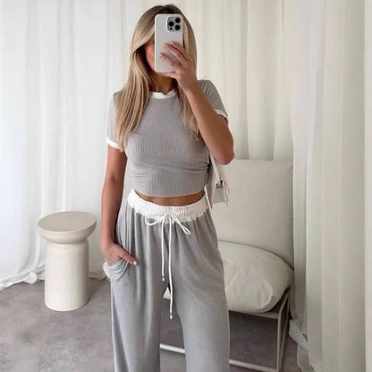 Damen Loungewear-Set Cropped Oberteil Weite Hose Norvielle - Norvielle