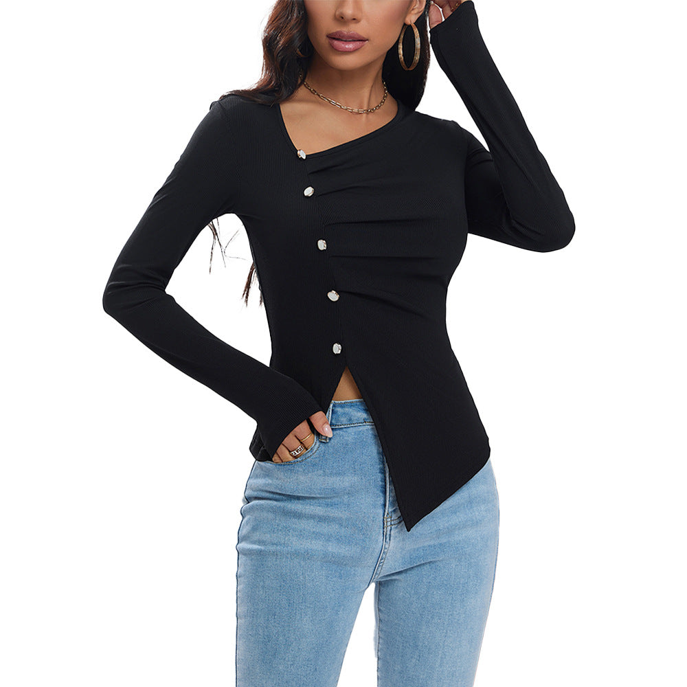 Damen Longsleeve-Shirt mit Knöpfen Asymmetrischer Saum Weißen