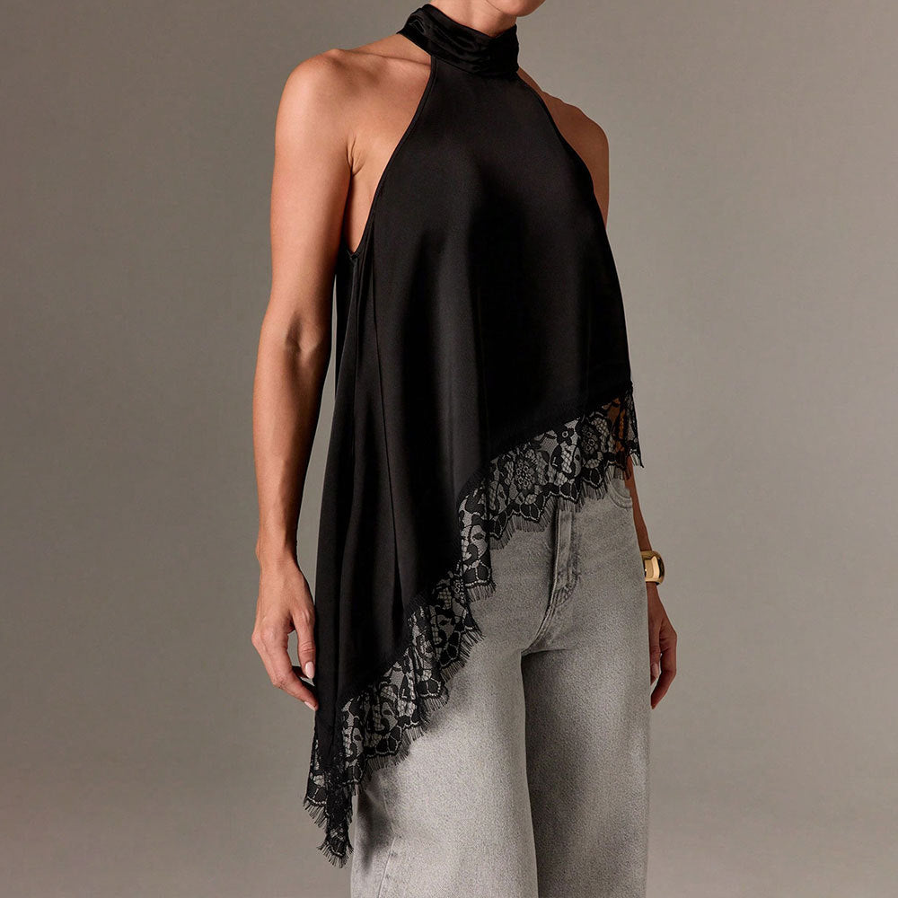 Damen Haltertop Spitzenbesatz Elegant