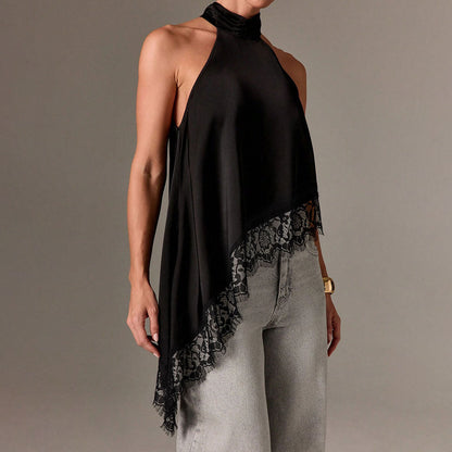 Damen Haltertop Spitzenbesatz Elegant
