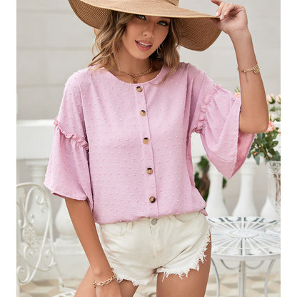Damen Bluse Rüschendetails Knopfleiste