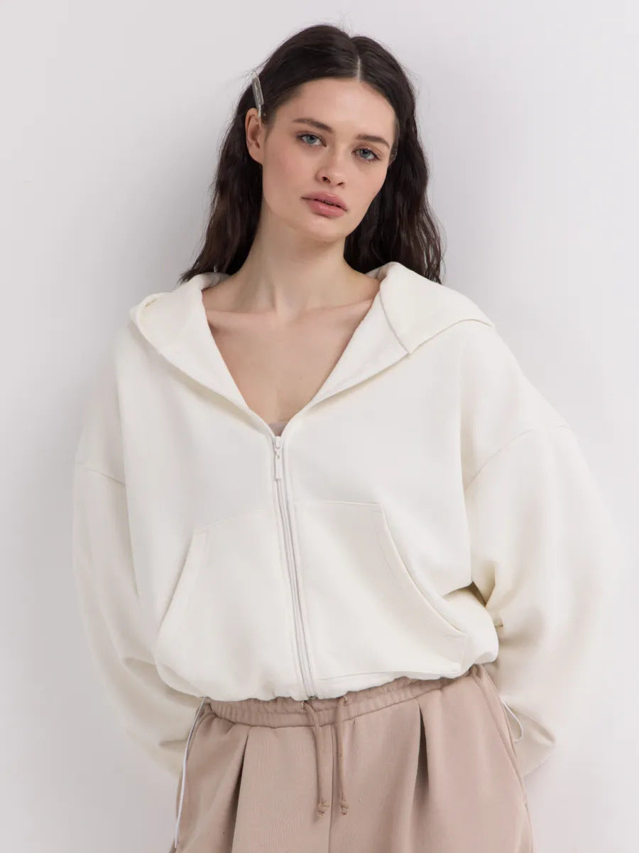 Damen Cropped Kapuzenjacke Reißverschluss Übergroße Ärmel Norvielle