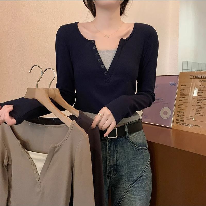Damen Langarmshirt Rundhalsausschnitt Knopfleiste Norvielle - Norvielle
