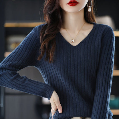 Damen Strickpullover V-Ausschnitt Feinripp