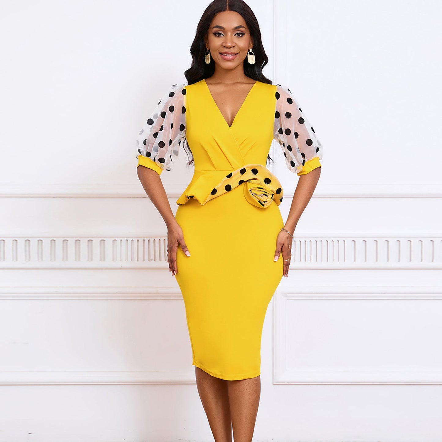 Damen Wickelkleid Puffärmel Tailleneinsatz Norvielle