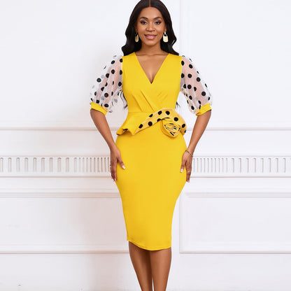 Damen Wickelkleid Puffärmel Tailleneinsatz Norvielle