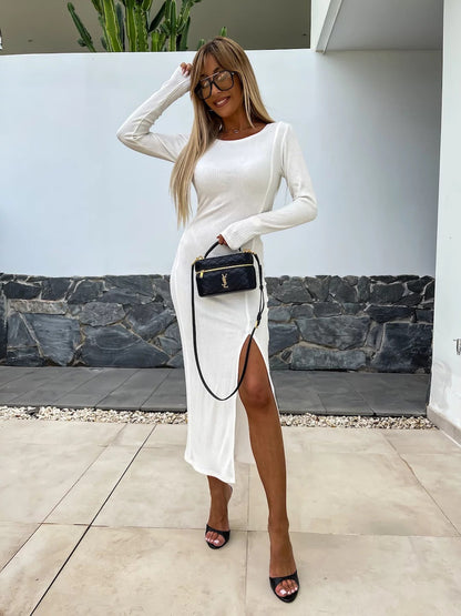 Damen Langarmkleid Rippstruktur Mit Seitenschlitz