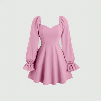 Damen Minikleid Puffärmel Herz-Ausschnitt Rot