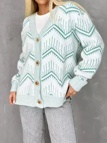 Damen Strickjacke Zigzag-Muster Knöpfe Beige