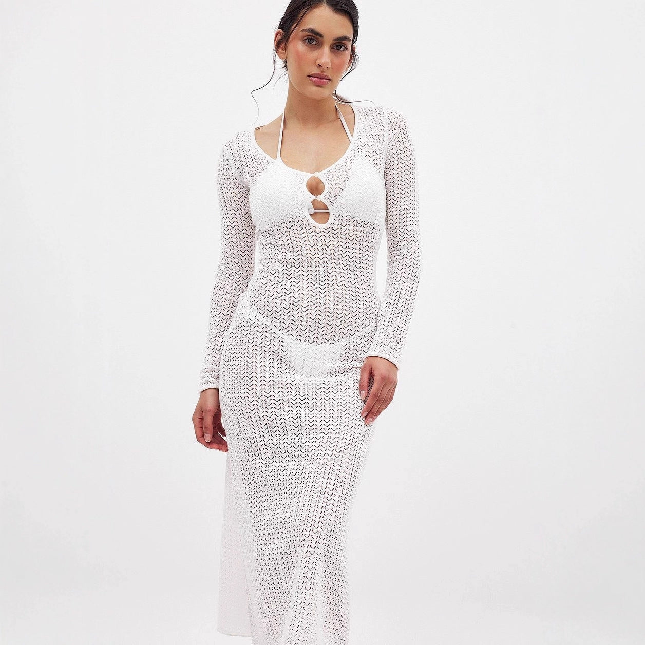 Damen Strickkleid Langärmlig Netzdesign