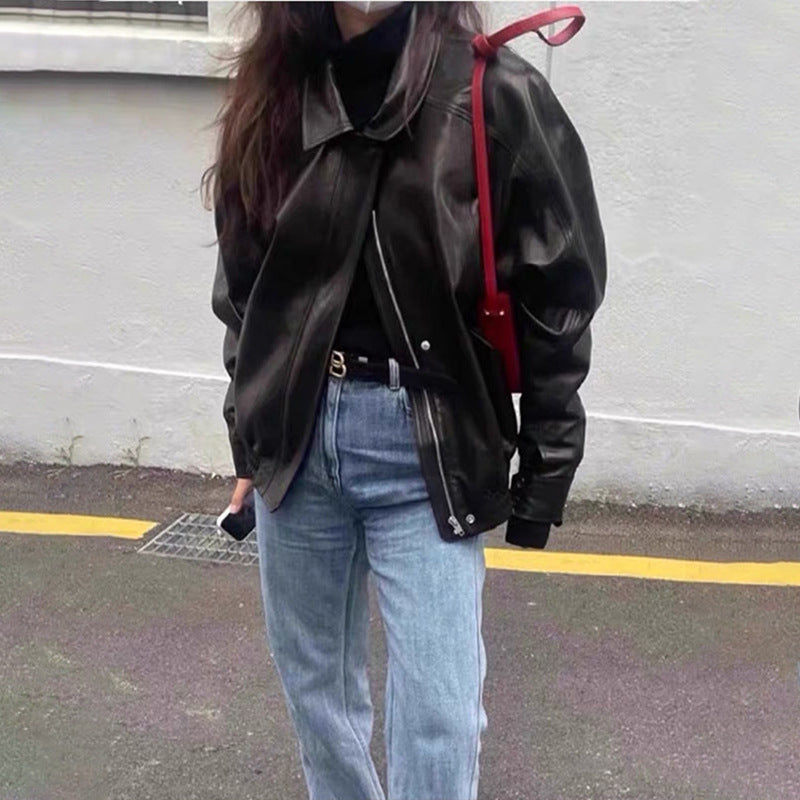 Damen Kunstlederjacke Lässig Voluminöse Ärmel Schwarz - Norvielle