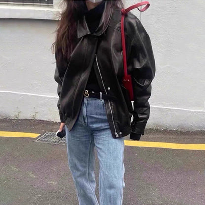 Damen Kunstlederjacke Lässig Voluminöse Ärmel Schwarz - Norvielle