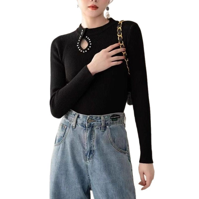 Damen Langarmshirt Eleganter Ausschnitt Schmuckdetails Norvielle