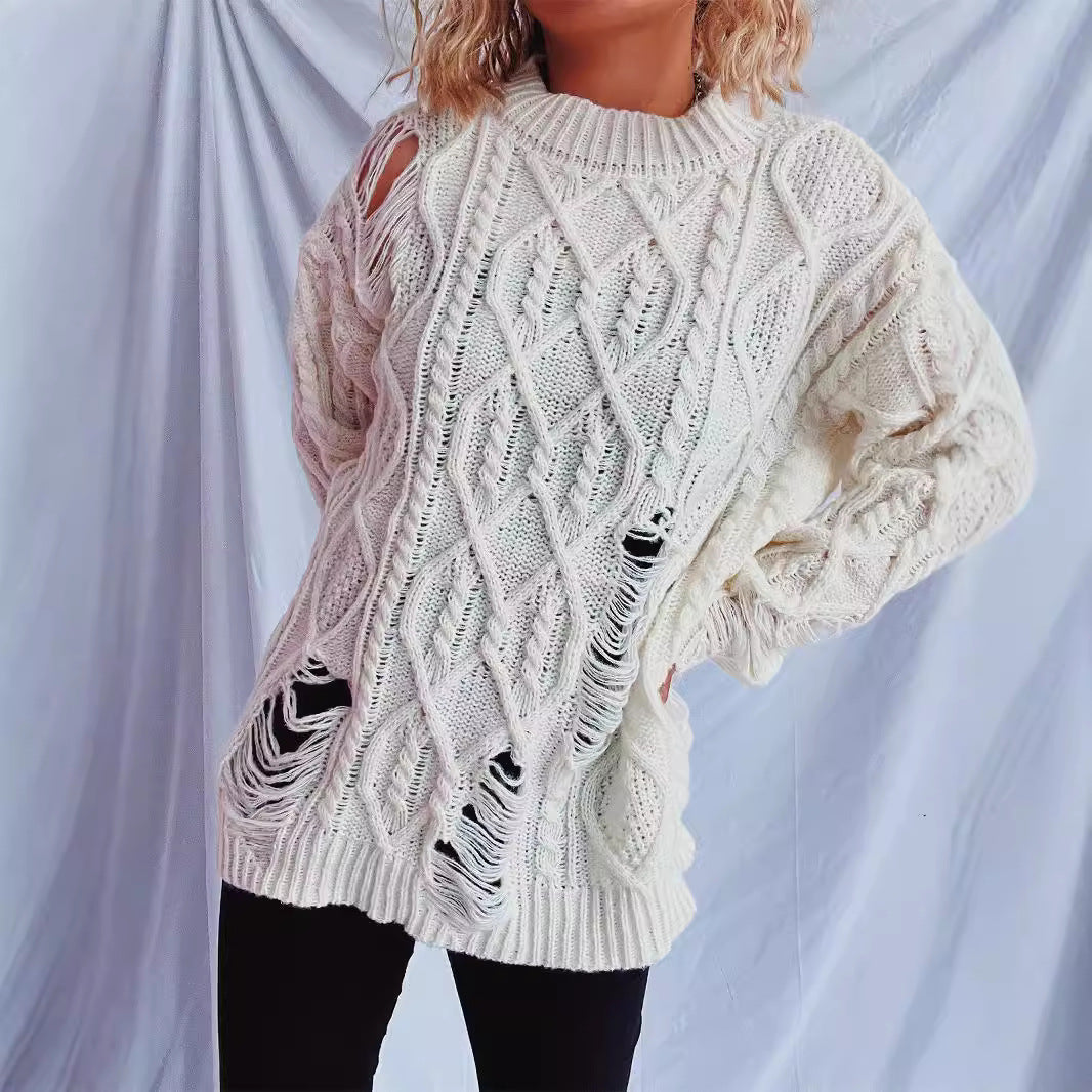 Damen Oversized-Pullover Strukturiertes Zopfmuster Fransen Beige