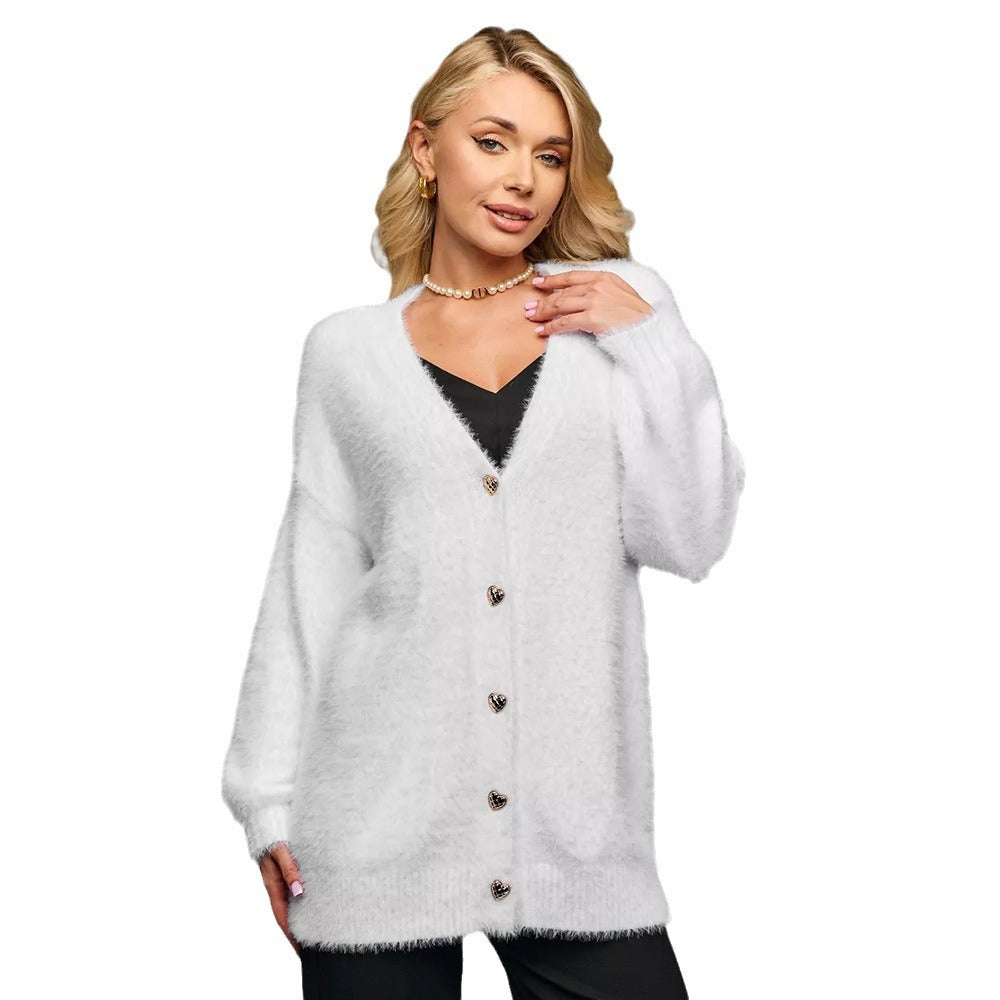 Damen Oversized Strickjacke Weiches Material Herzknöpfe Beige