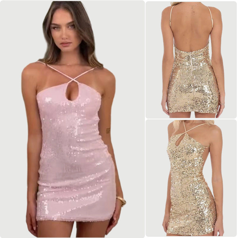 Damen Minikleid Glitzernd Trägergestaltung Tiefes Dekolleté - Norvielle