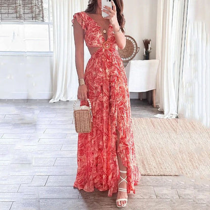 Damen Maxikleid Hochschlitz Florale Rüschendetails