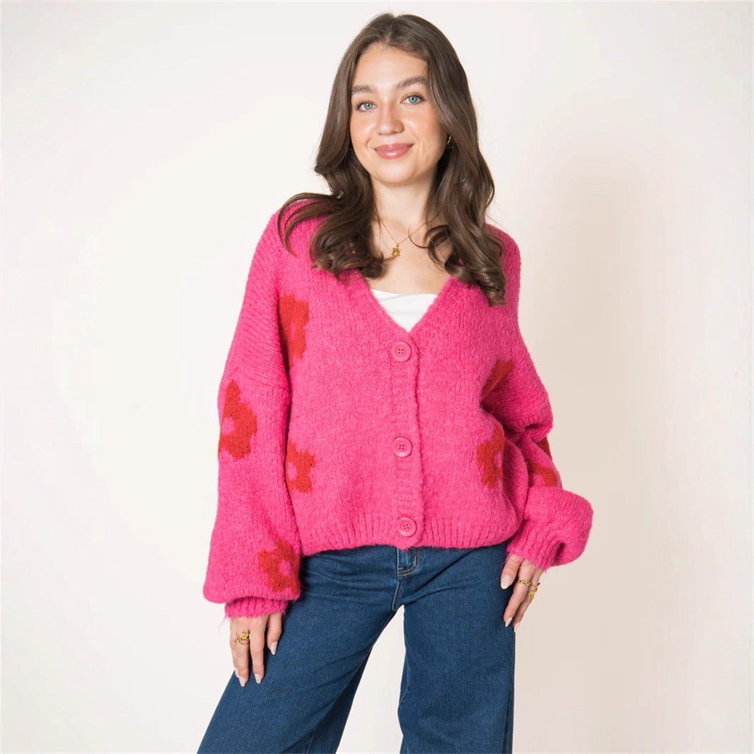 Damen Strickjacke Florales Muster Voluminöse Ärmel - Norvielle