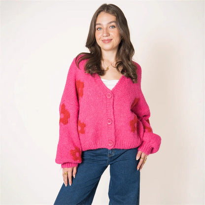 Damen Strickjacke Florales Muster Voluminöse Ärmel - Norvielle