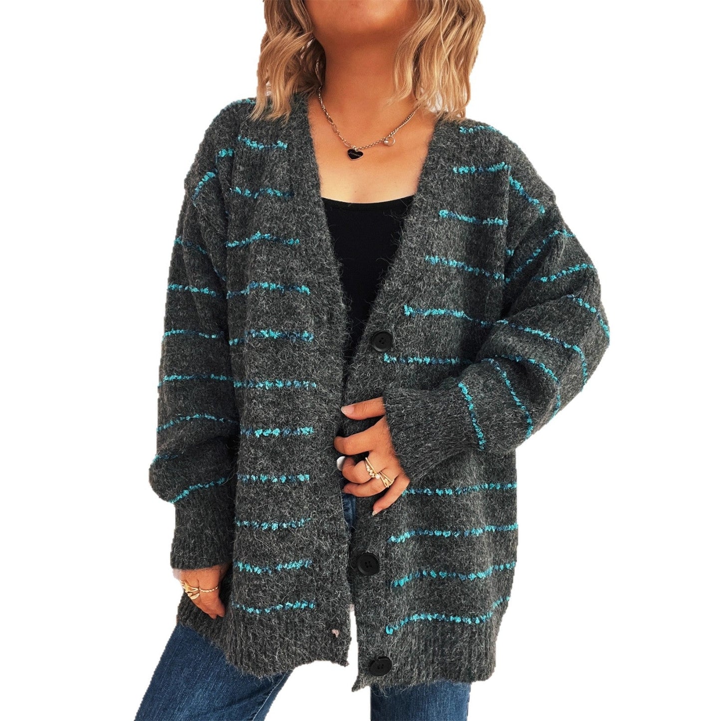 Damen Strickcardigan Streifenmuster Große Knöpfe Beige
