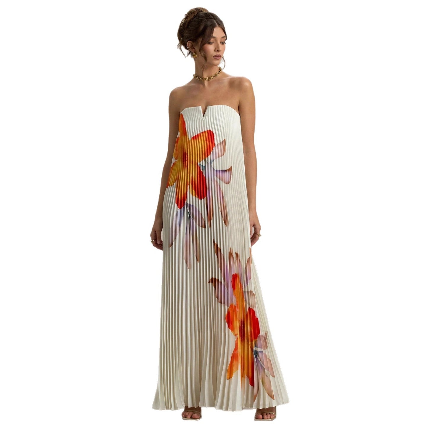 Damen Plisseekleid Trägerlos Floralmuster Norvielle