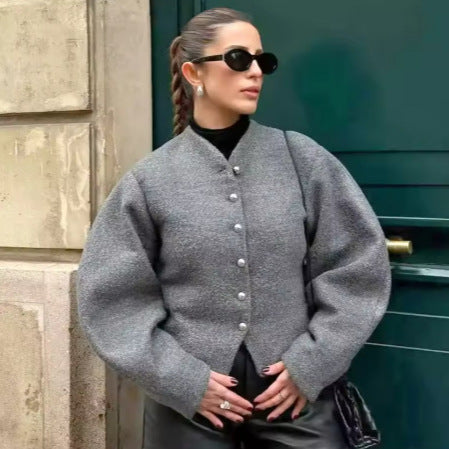 Damen Kurzjacke Wollmix Elegant Schimmernde Knöpfe - Norvielle