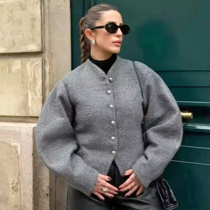 Damen Kurzjacke Wollmix Elegant Schimmernde Knöpfe - Norvielle