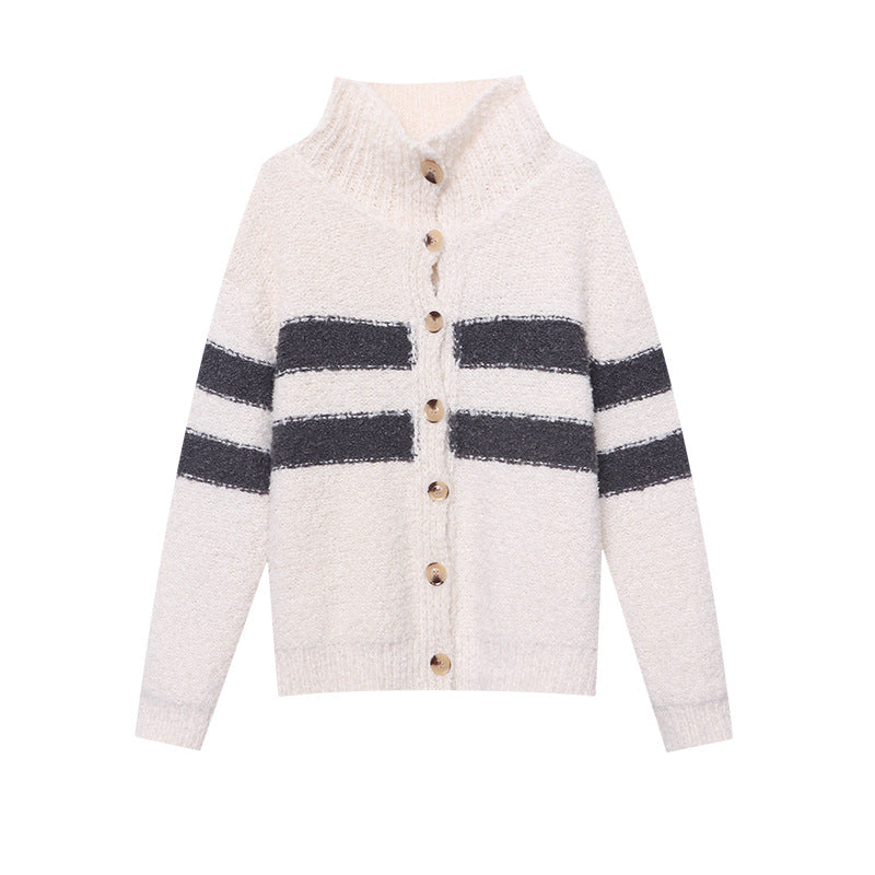 Damen Strickmantel Kuschelig Hochkragen Dekorative Knöpfe Beige