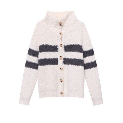 Damen Strickmantel Kuschelig Hochkragen Dekorative Knöpfe Beige