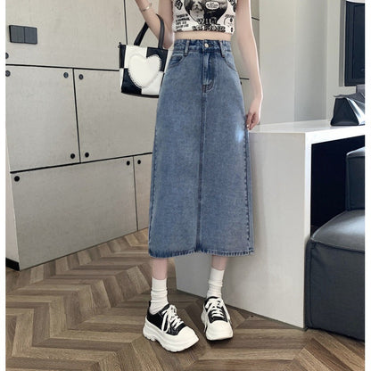Damen Denimrock Midi mit Vorderschlitz blau