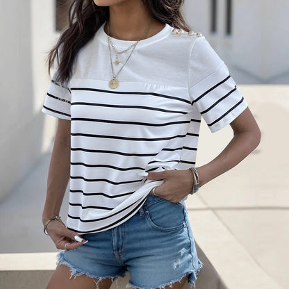 Damen T-Shirt Streifen Dekorative Knöpfe Weiß