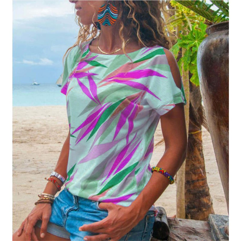 Damen T-Shirt Asymmetrisch Bunt Blattmotiv