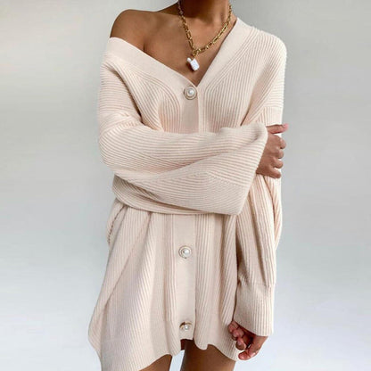 Damen Strickcardigan Oversized Dekorative Knöpfe Beige