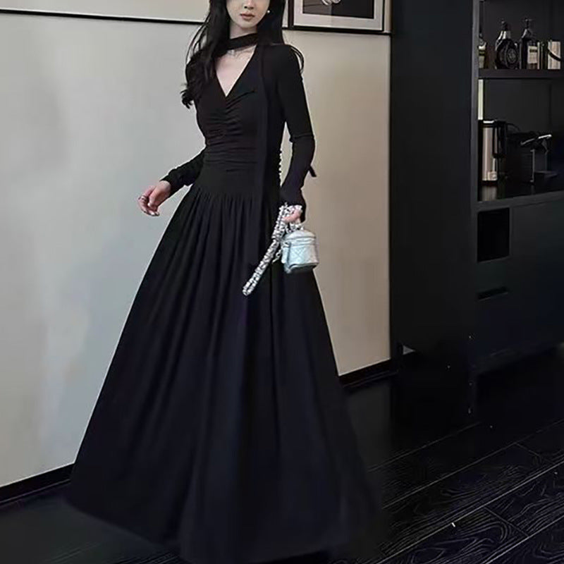 Damen Maxi-Kleid V-Ausschnitt Längsärmel Norvielle