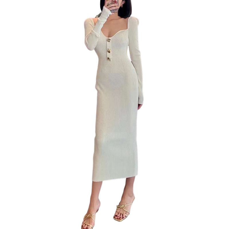 Damen Strickkleid V-Ausschnitt Goldknöpfe Norvielle