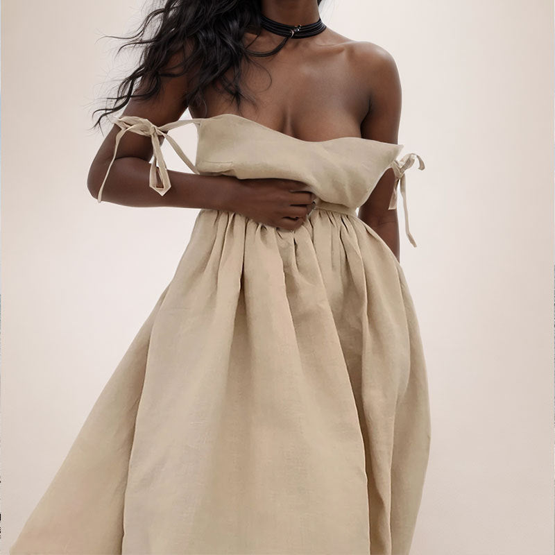 Damen Leinenkleid Lang V-Ausschnitt Tailliert Beige