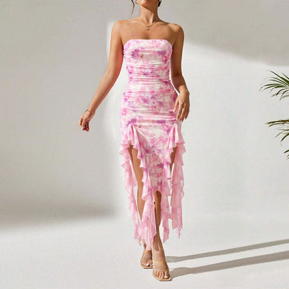 Damen Wickelkleid Florales Design Volant Schwarz - Norvielle