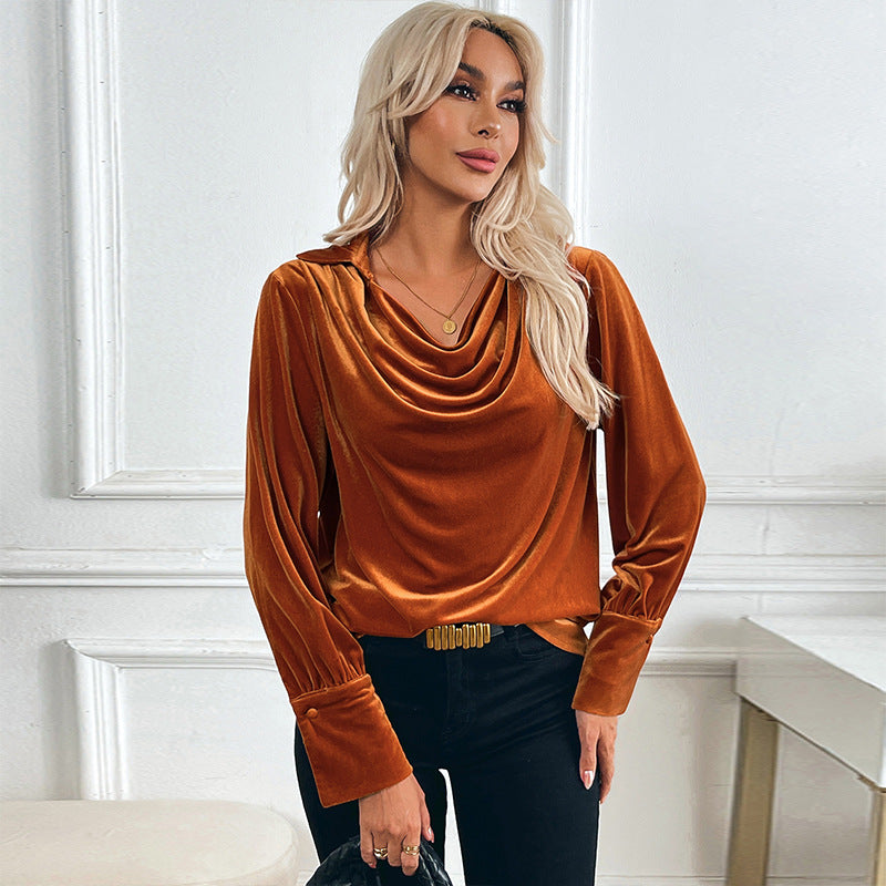 Damen Samtbluse Offener Kragen Langer Ärmel Norvielle