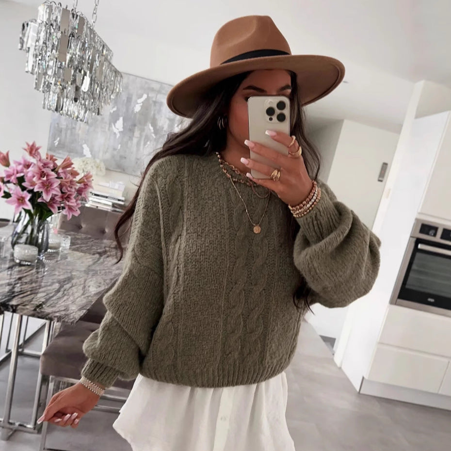 Damen Pullover Grobstrick Voluminöse Ärmel Zopfmuster Beige