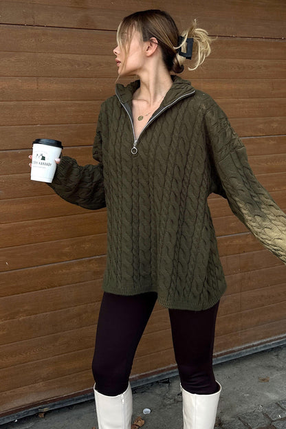 Damen Strickpullover Doppelreißverschluss Hochkragen Norvielle