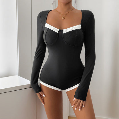 Damen Bodysuit Langarm Spitzeneinsatz Schwarz - Norvielle