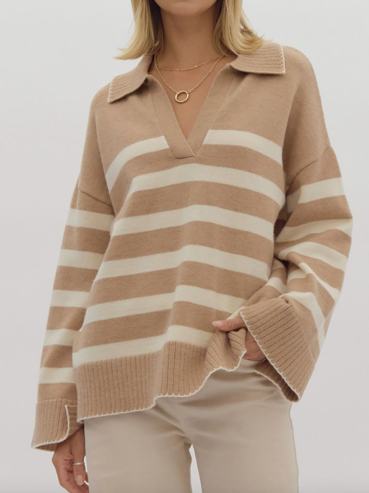 Damen Strickpullover V-Ausschnitt Breites Streifenmuster Norvielle