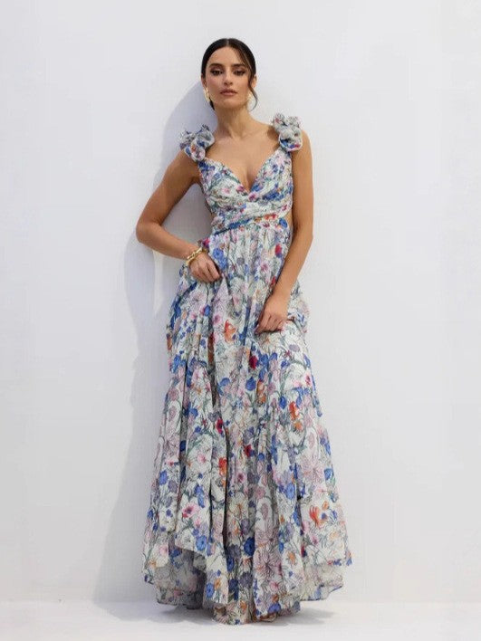 Damen Maxikleid Floralmuster Rüschen Norvielle