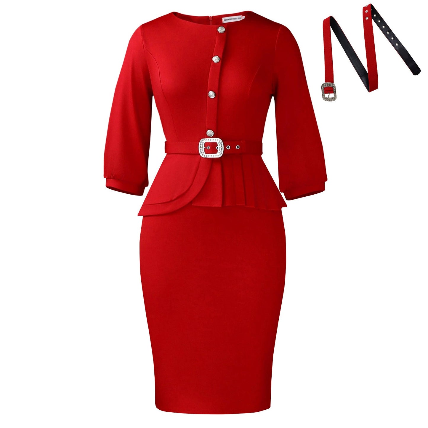 Damen Etuikleid mit Peplum-Saum und Taillengürtel Norvielle