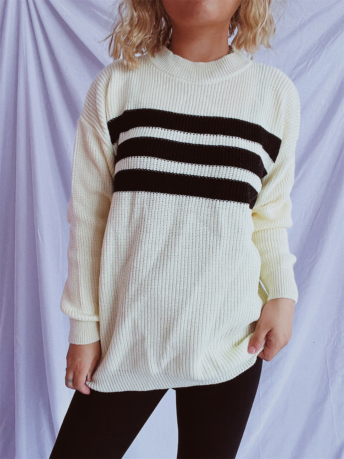 Damen Strickpullover Oversized Horizontale Streifen Beige